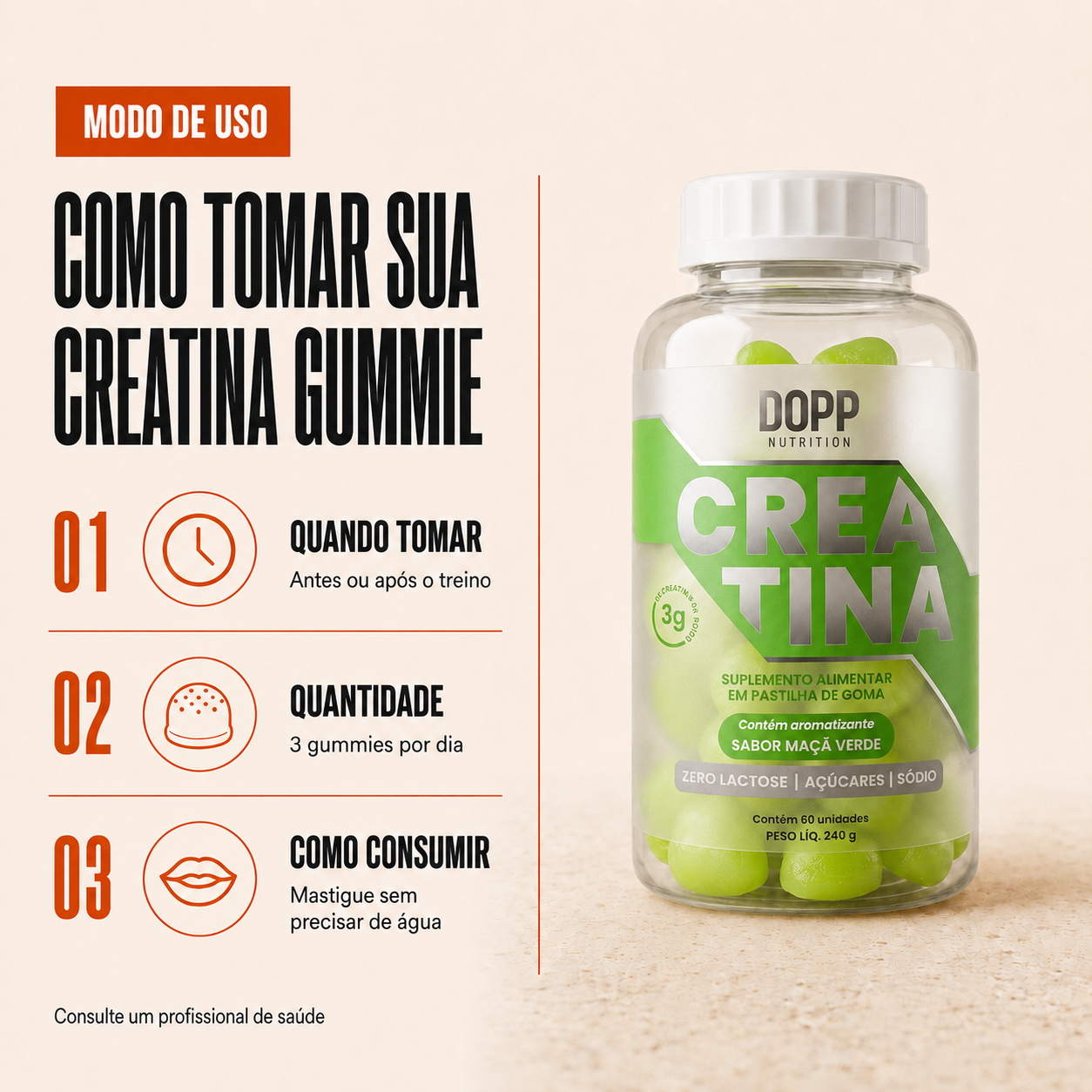 Creatina em Gummie  60 Cápsulas Sabor Maça Verde