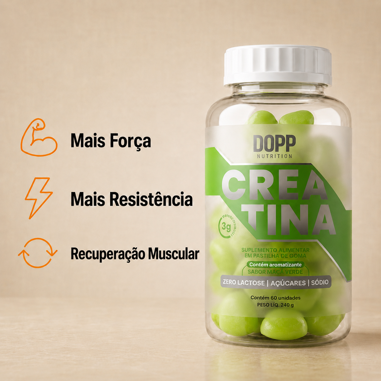 Creatina em Gummie  60 Cápsulas Sabor Maça Verde