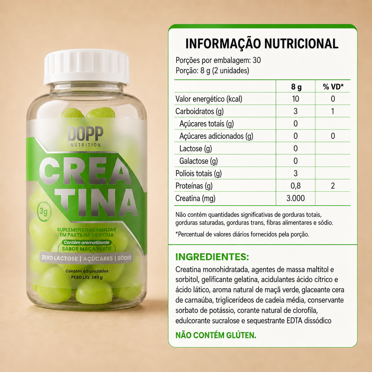 Creatina em Gummie  60 Cápsulas Sabor Maça Verde